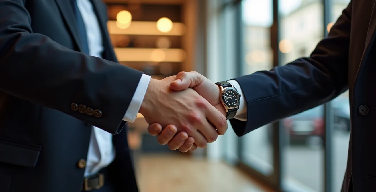 Poignée de main professionnelle dans une concession automobile