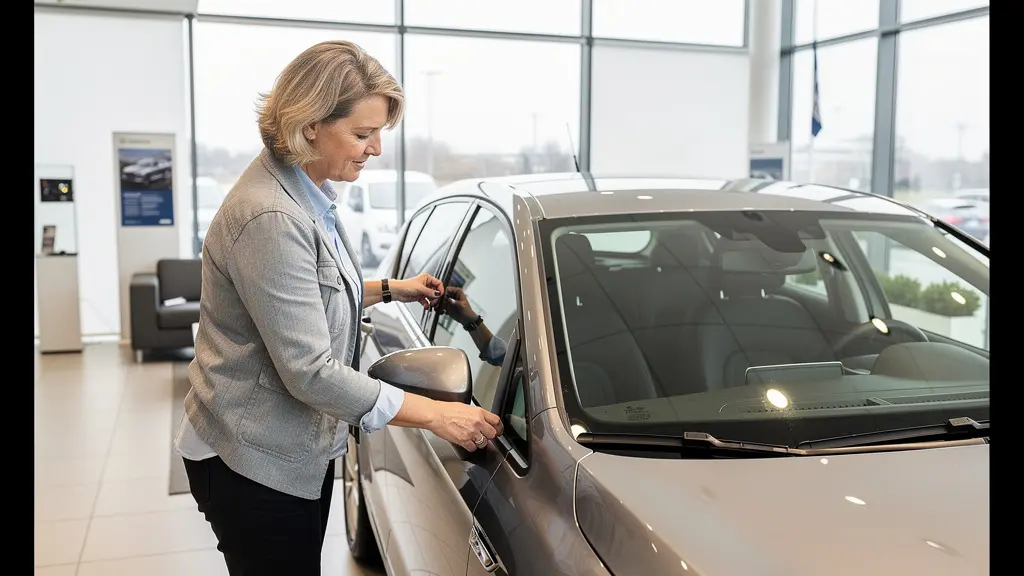 Cliente inspectant une citadine dans un showroom automobile près d'Alès