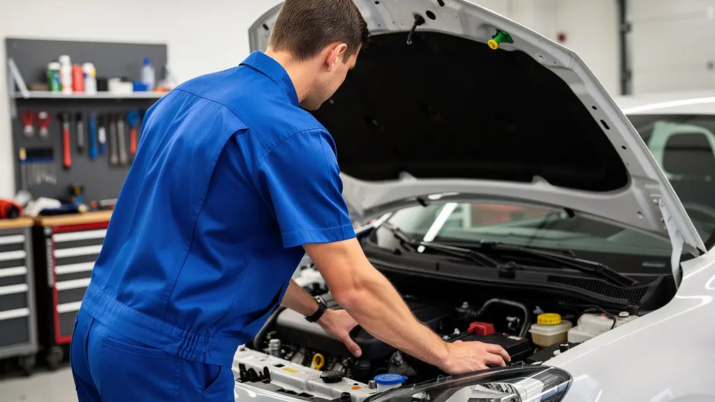 Technicien vérifiant le moteur d'une citadine dans un atelier automobile du Gard