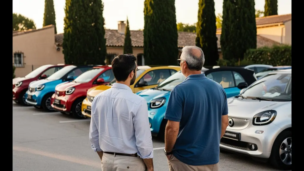 Vendeur et client observant une rangée de véhicules d'occasion dans un parc automobile du Gard