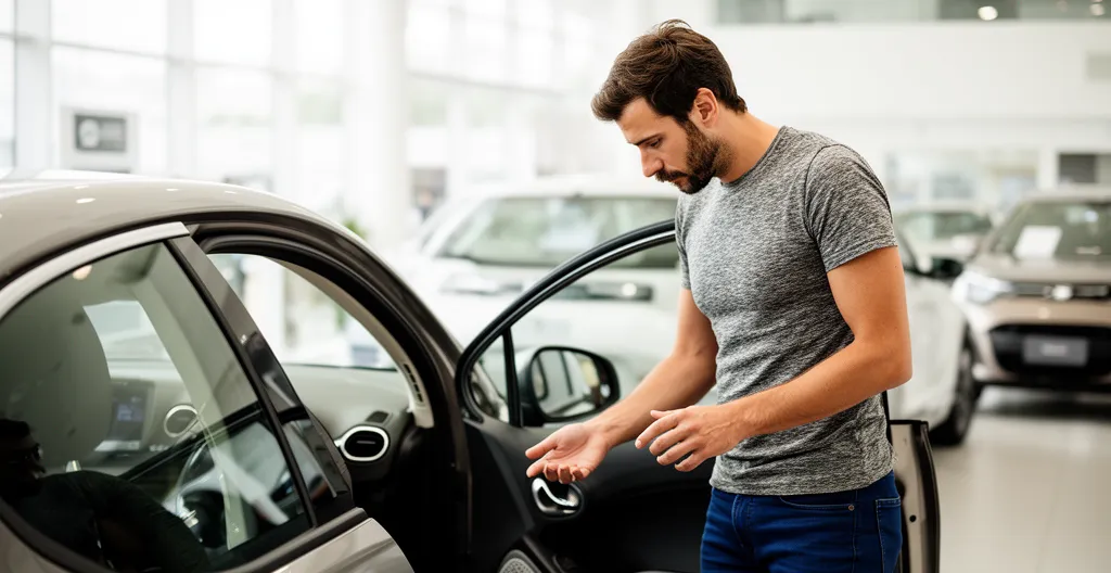 Client inspectant l'intérieur d'une voiture occasion dans un showroom Spoticar à Alès