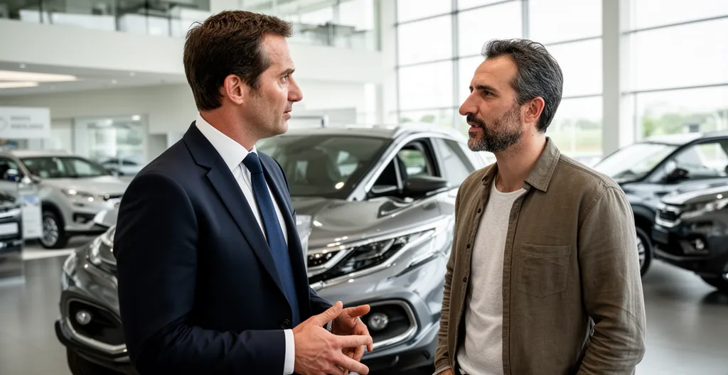 Conseiller commercial présentant un SUV compact à un client dans le showroom