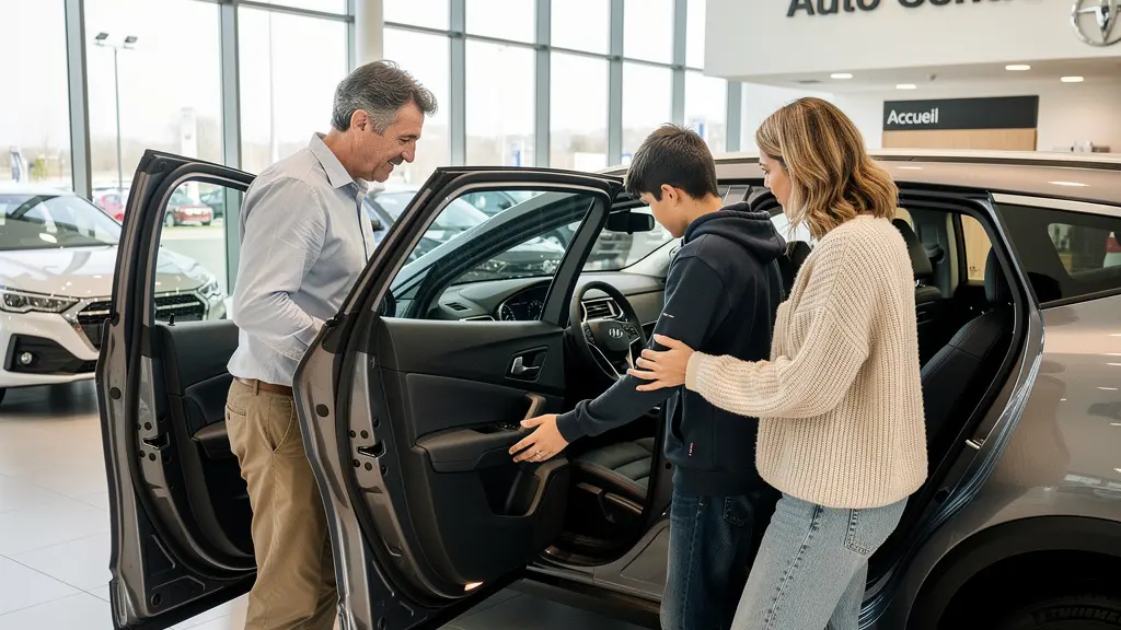 Famille examinant un SUV compact dans une concession automobile moderne à Alès