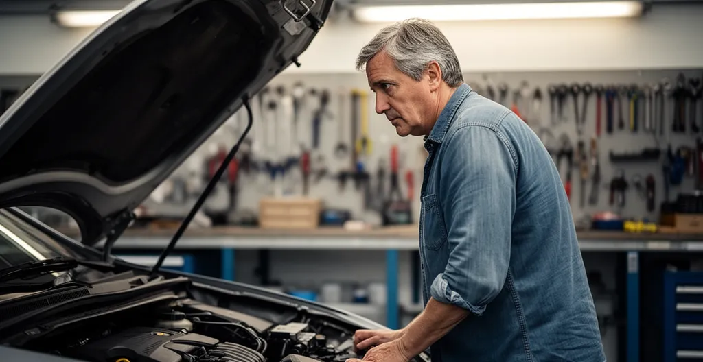 Acheteur vérifiant le compartiment moteur d'une voiture d'occasion avant achat