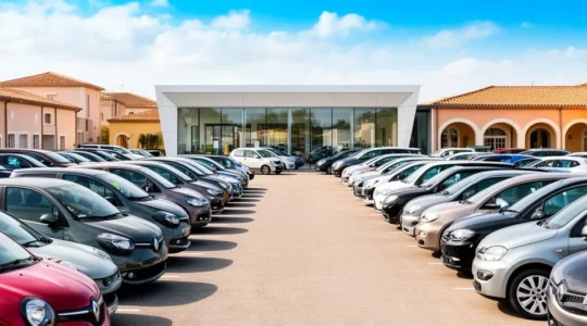 Parc de véhicules d'occasion Spoticar alignés devant une concession automobile moderne
