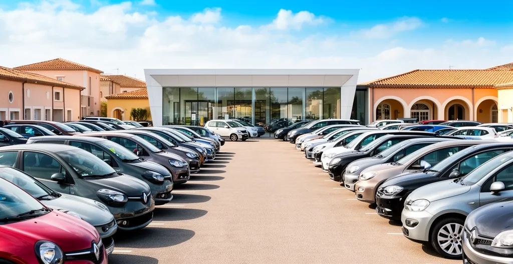 Parc de véhicules d'occasion Spoticar alignés devant une concession automobile moderne