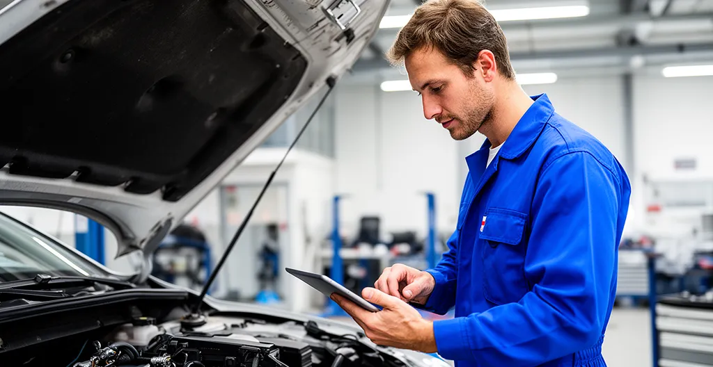 Technicien automobile effectuant un contrôle multi-points sur un véhicule d'occasion