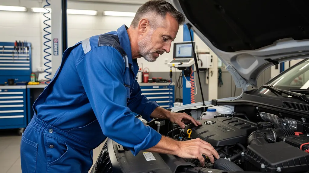 Technicien automobile vérifiant le moteur d'un véhicule dans un atelier professionnel
