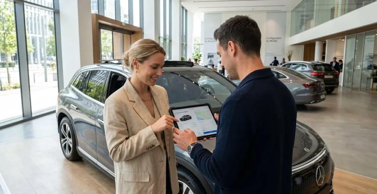 Un couple vu de dos consulte une tablette ensemble dans un showroom automobile lumineux aux lignes contemporaines
