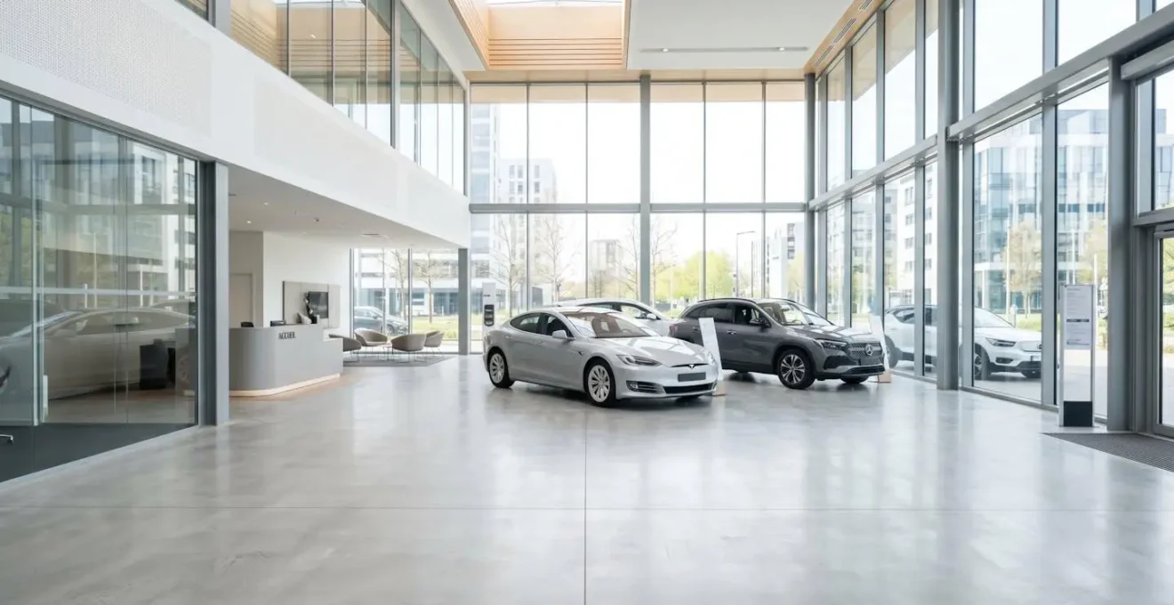 Vue large d'un showroom automobile moderne avec de grandes baies vitrées laissant entrer la lumière naturelle et quelques véhicules au loin