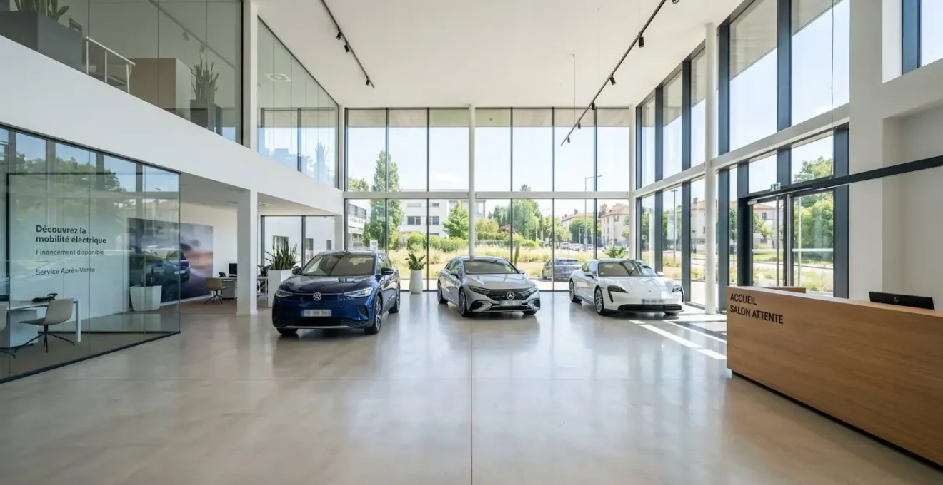 Vue large d'un showroom automobile moderne avec de grandes baies vitrées laissant entrer la lumière naturelle et quelques véhicules au loin